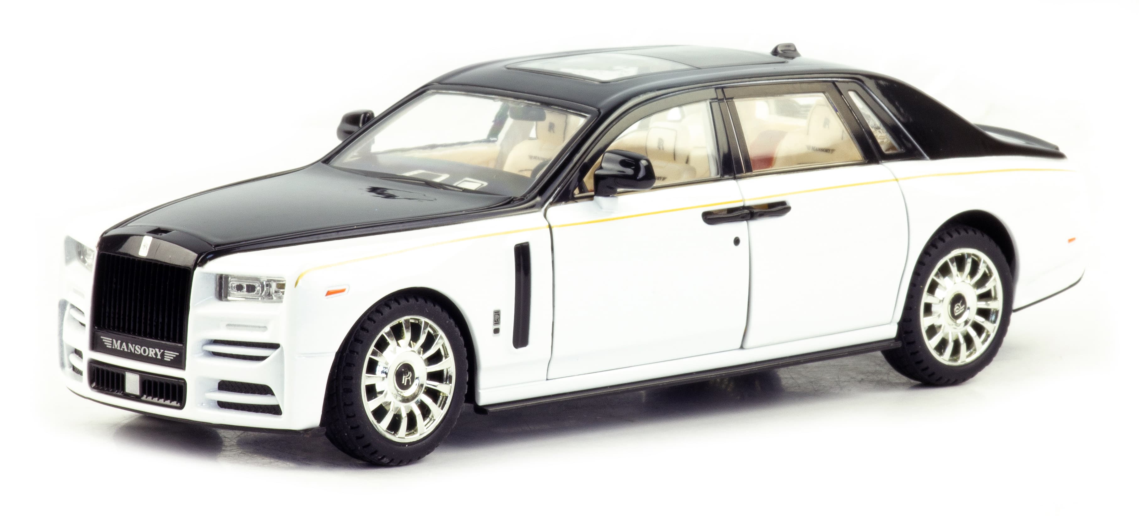 Металлическая машинка Mini Auto 1:24 «Rolls-Royce Phantom VIII Mansory» DC24102, 21 см., инерционная, свет, звук / Бело-черный