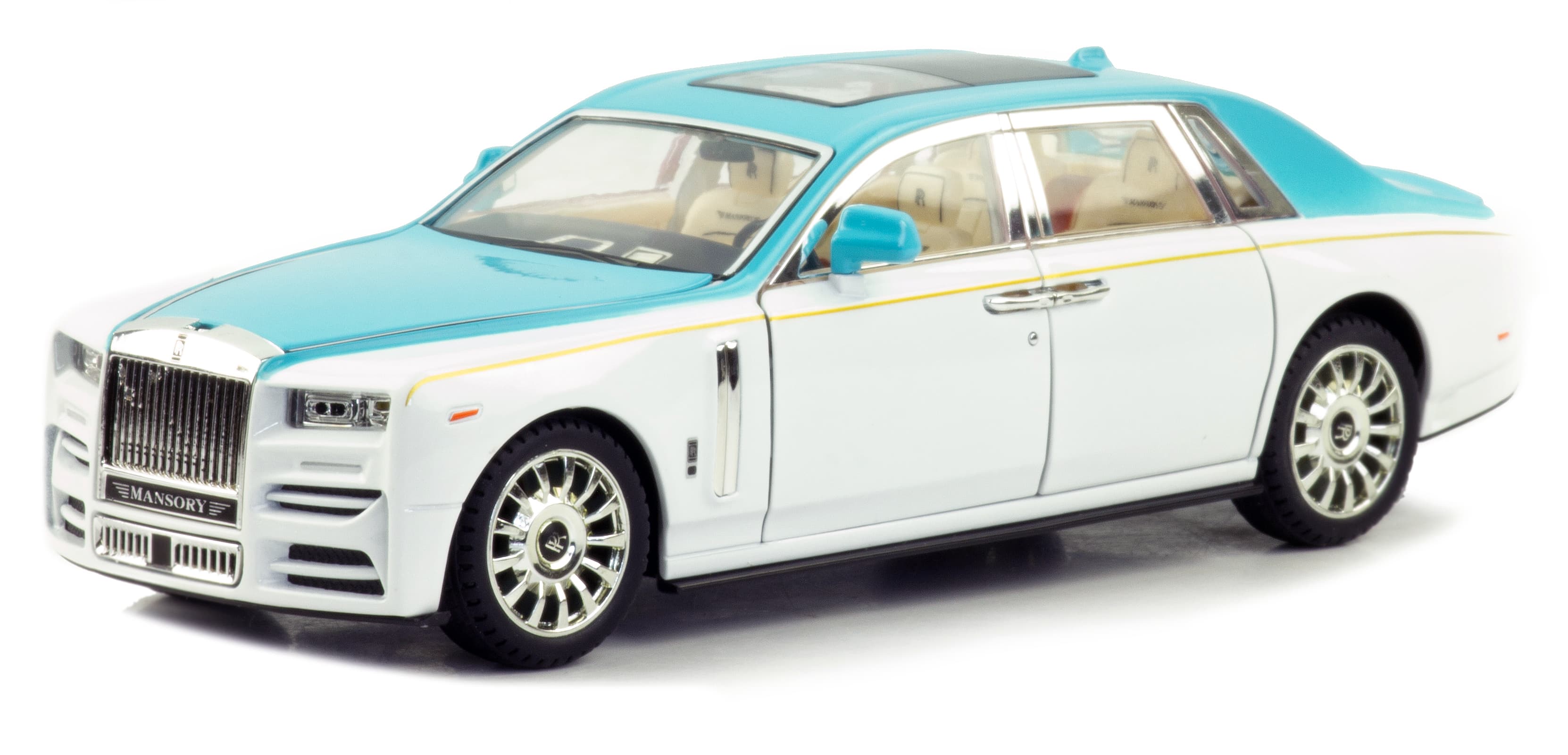 Металлическая машинка Mini Auto 1:24 «Rolls-Royce Phantom VIII Mansory» DC24102, 21 см., инерционная, свет, звук / Бело-голубой