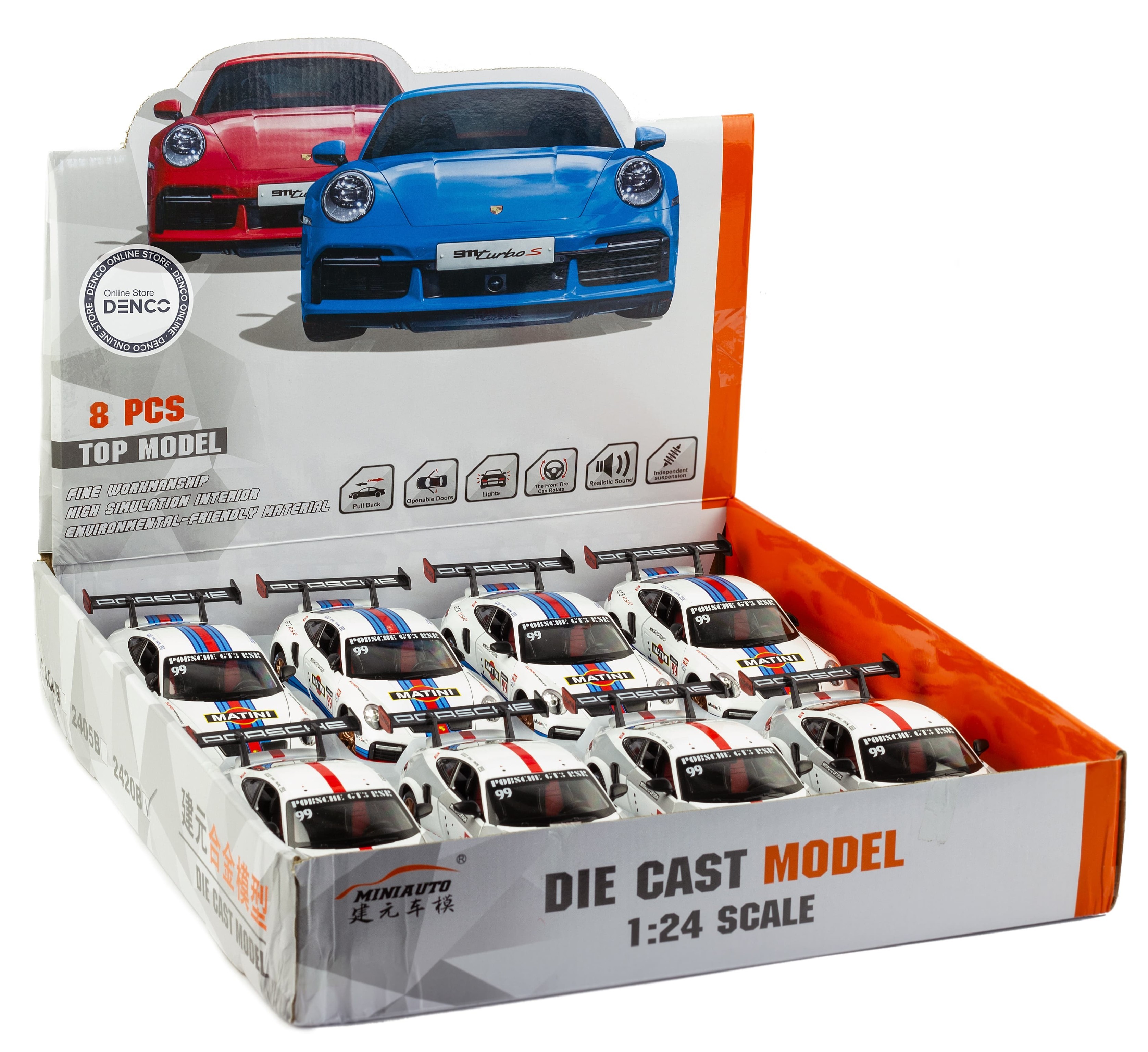 Металлическая машинка Mini Auto 1:24 «Porsche 911 GT3 RSR» 2420B, 20 см., инерционная, свет, звук / Бело-серый