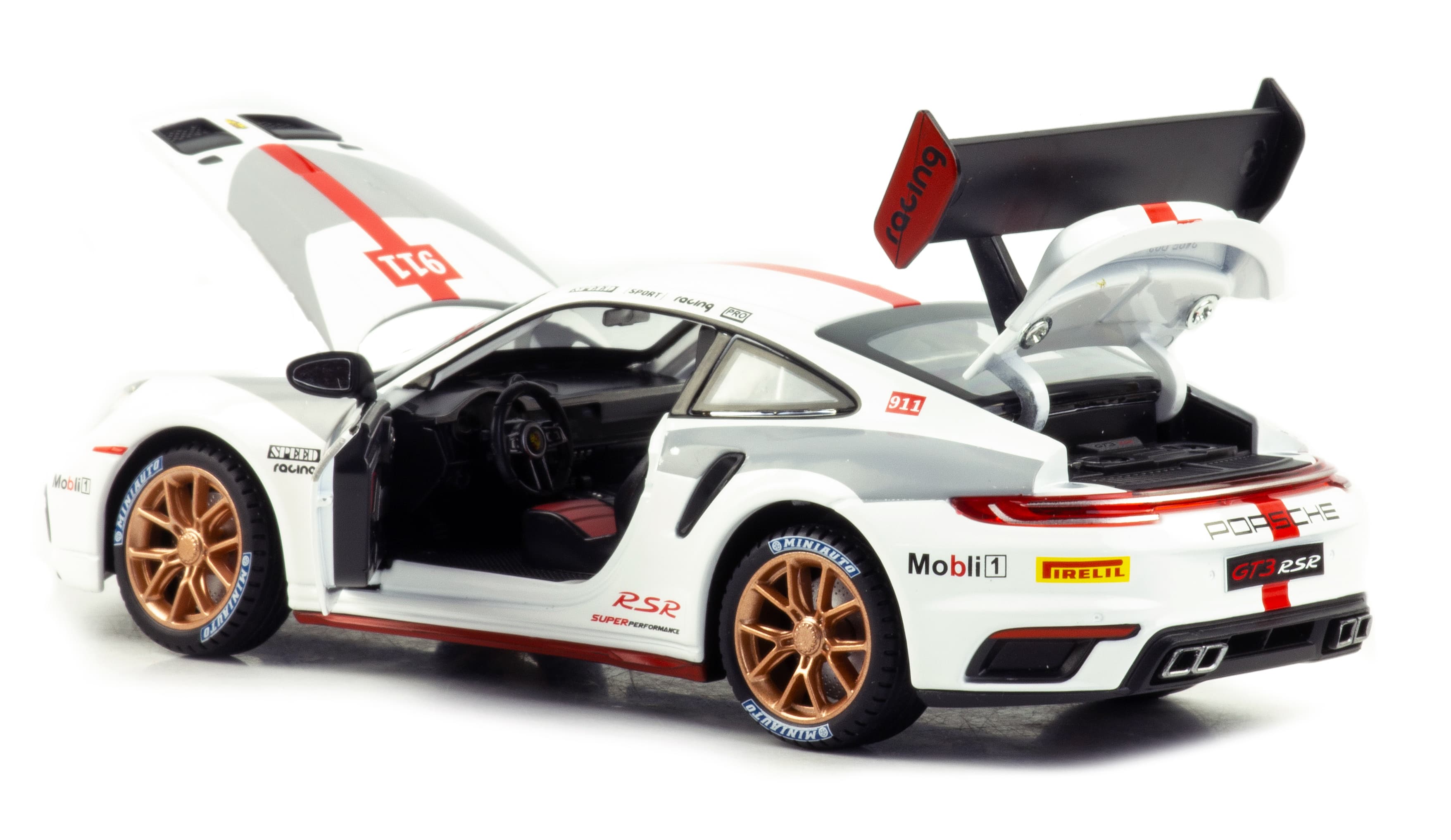Металлическая машинка Mini Auto 1:24 «Porsche 911 GT3 RSR» 2420B, 20 см., инерционная, свет, звук / Бело-серый