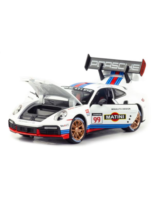 Металлическая машинка Mini Auto 1:24 «Porsche 911 GT3 RSR» 2420B, 20 см., инерционная, свет, звук / Бело-красный