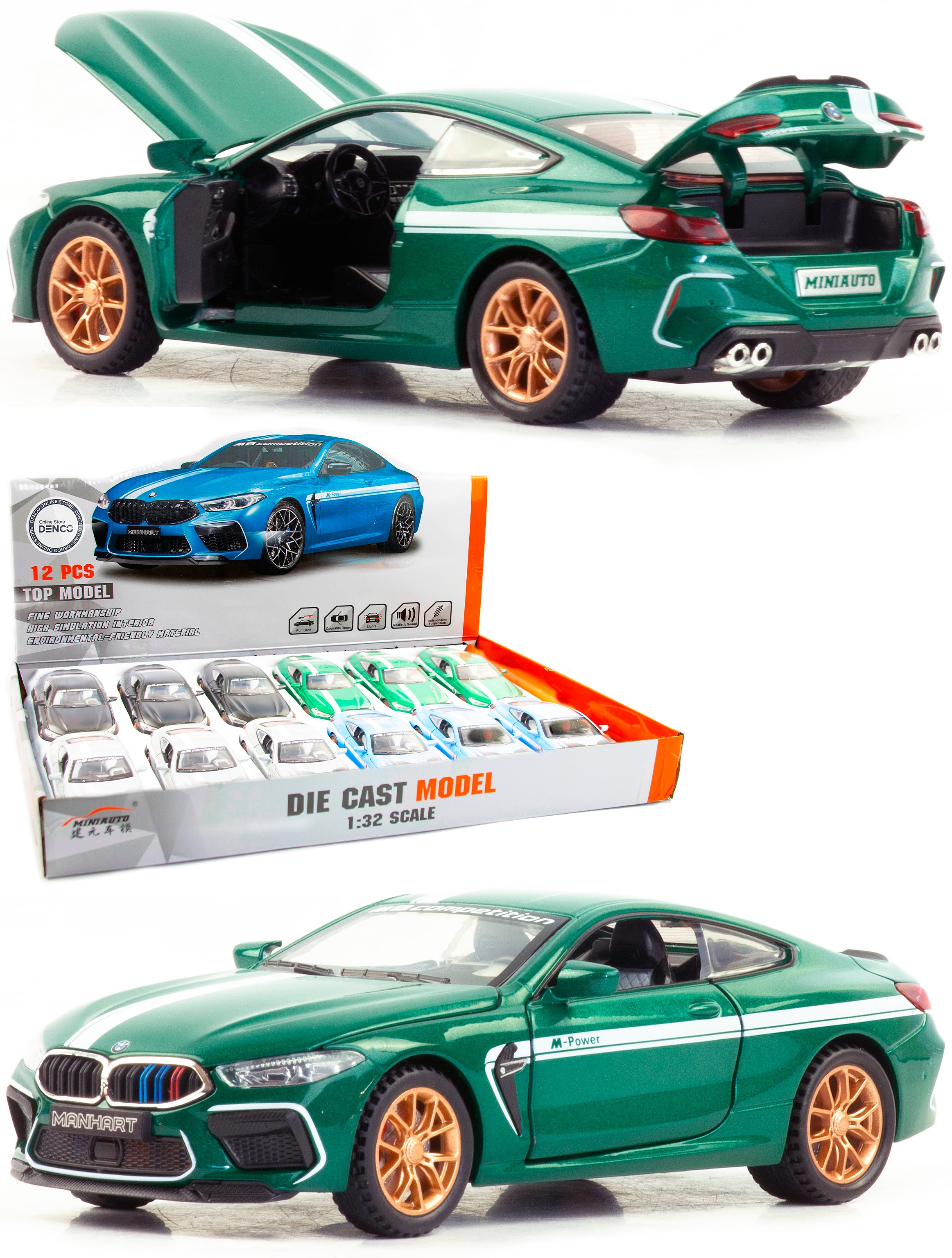 Металлическая машинка Mini Auto 1:32 «BMW M8 Manhart» DC32332, 15 см., инерционная, свет, звук / Зеленый