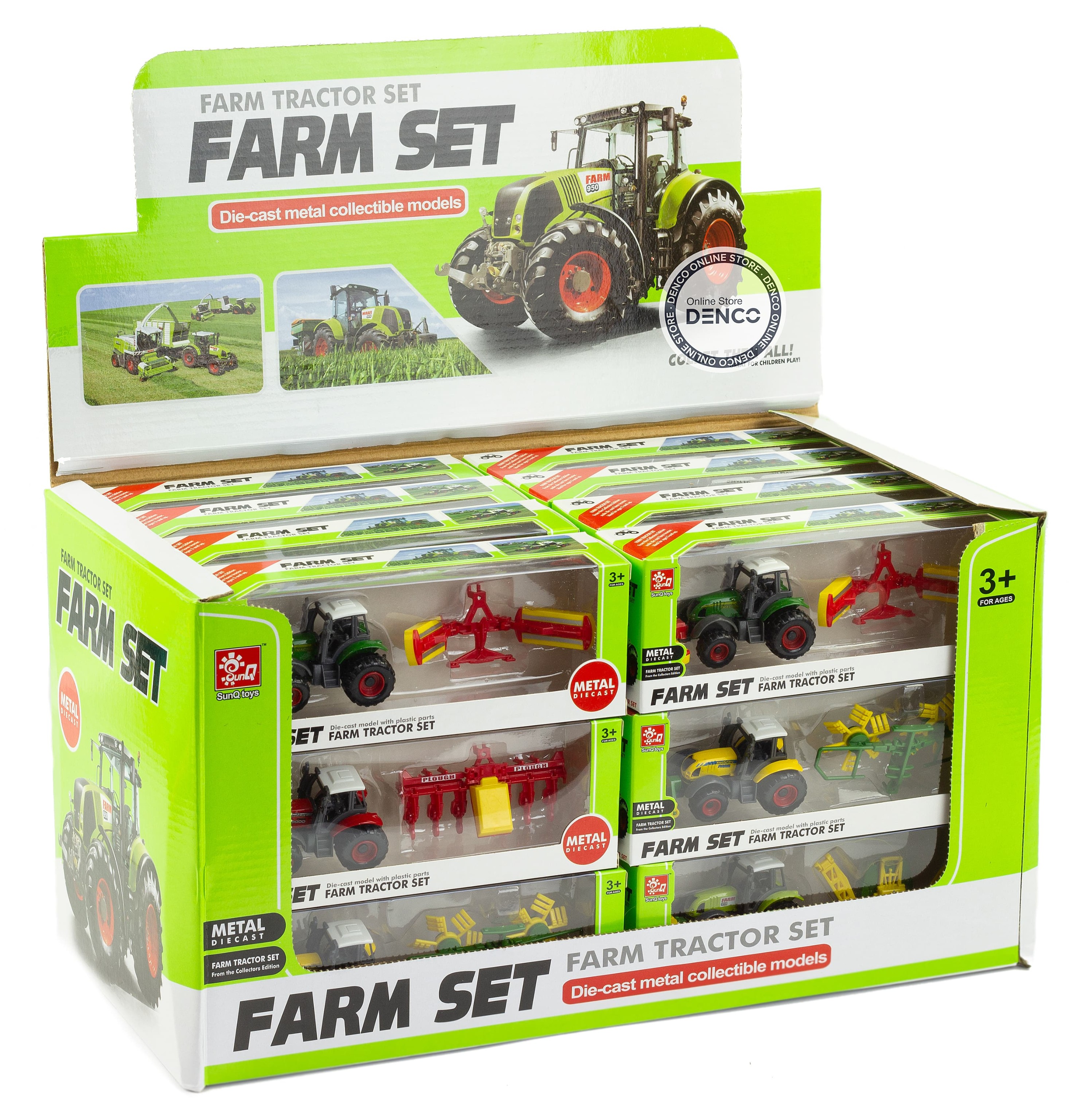 Машинка металлическая Farm Set «Трактор сельскохозяйственный с прицепом» SQ82002-4 / Зелено-красный
