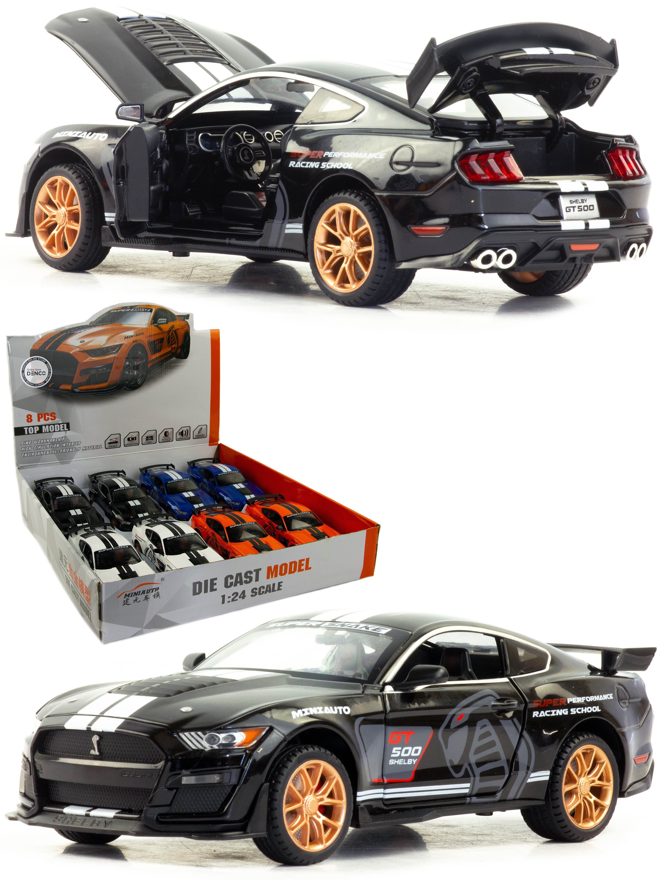 Металлическая машинка Mini Auto 1:24 «Ford Mustang Shelby GT500» 2406B, 21  см., инерционная, свет, звук / Черный