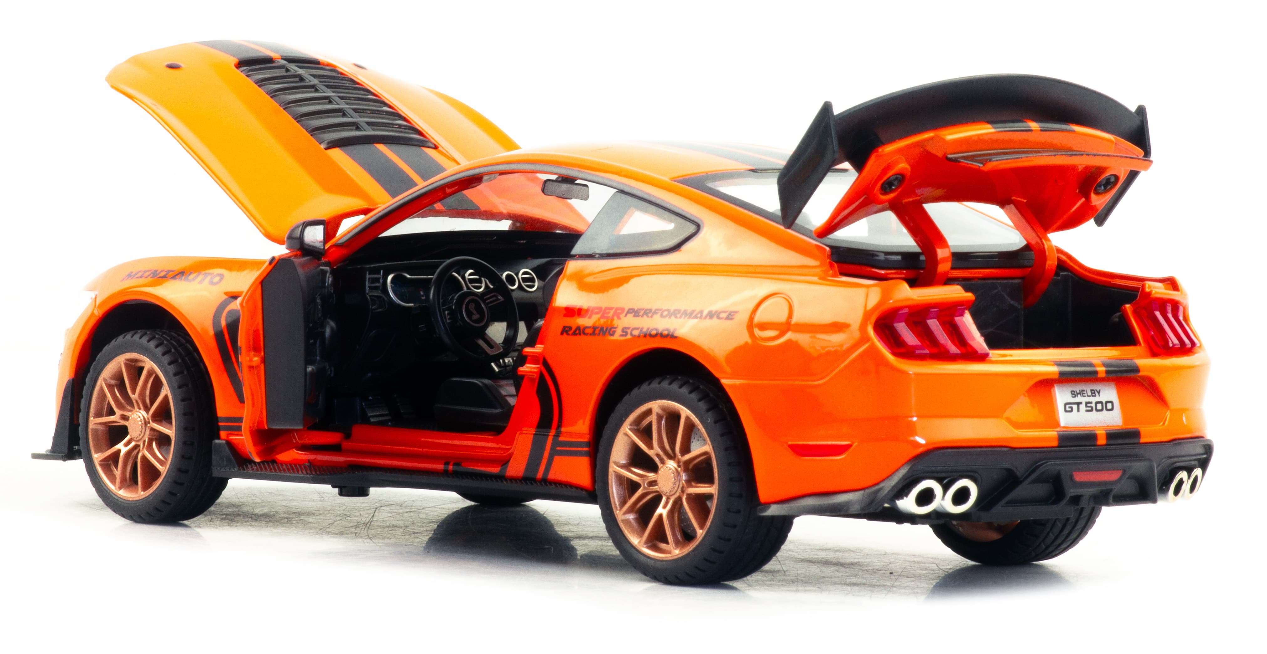 Металлическая машинка Mini Auto 1:24 «Ford Mustang Shelby GT500» 2406B, 21 см., инерционная, свет, звук / Оранжевый