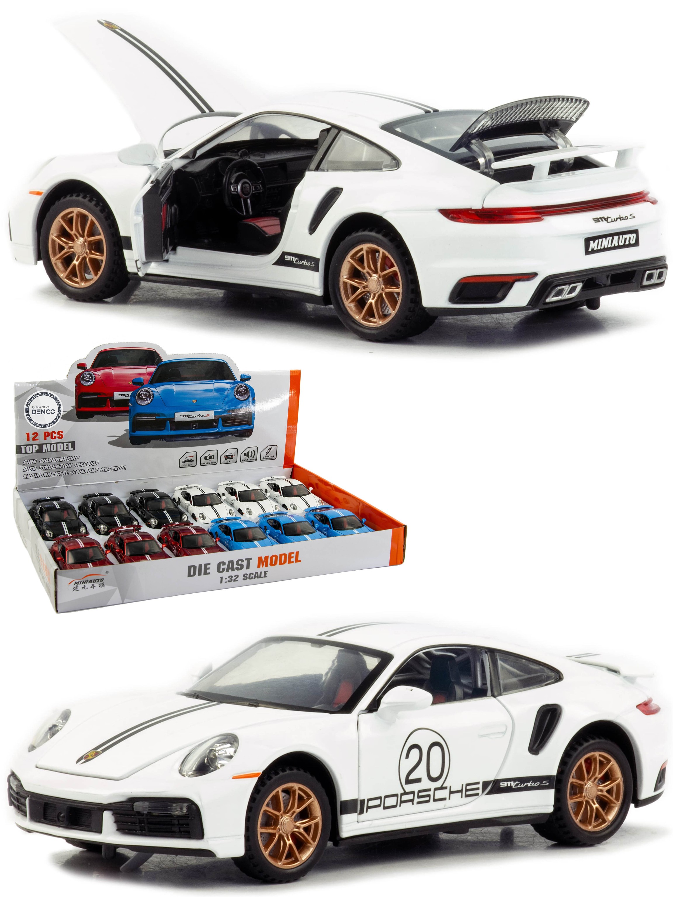 Металлическая машинка Mini Auto 1:32 «Porsche 911 Turbo S» 3230В, свет, звук, инерционная / Белый