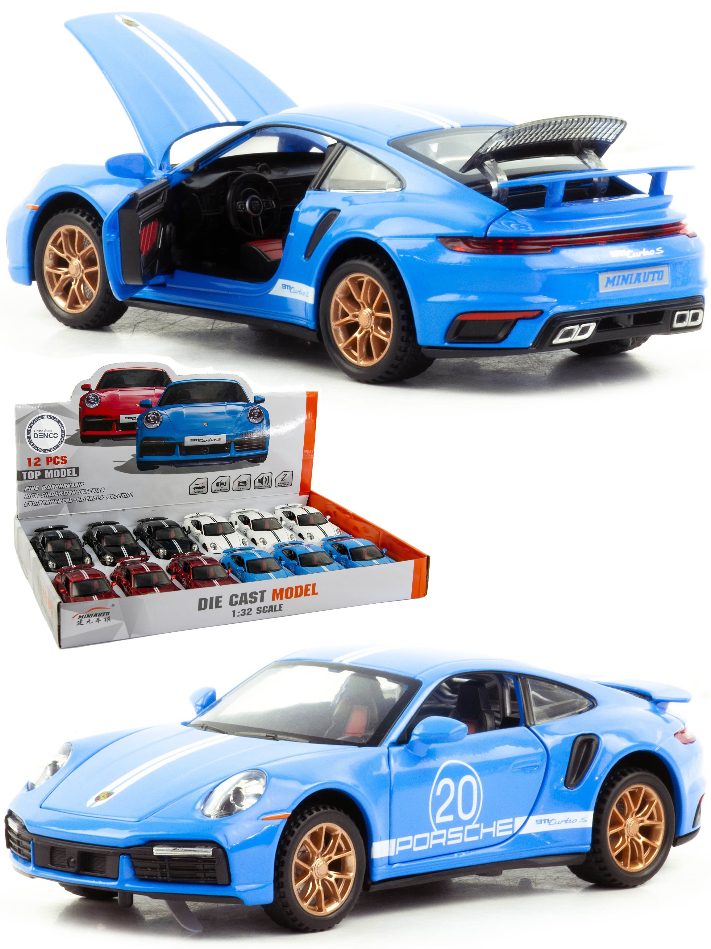 Металлическая машинка Mini Auto 1:32 «Porsche 911 Turbo S» 3230В, свет, звук, инерционная / Голубой