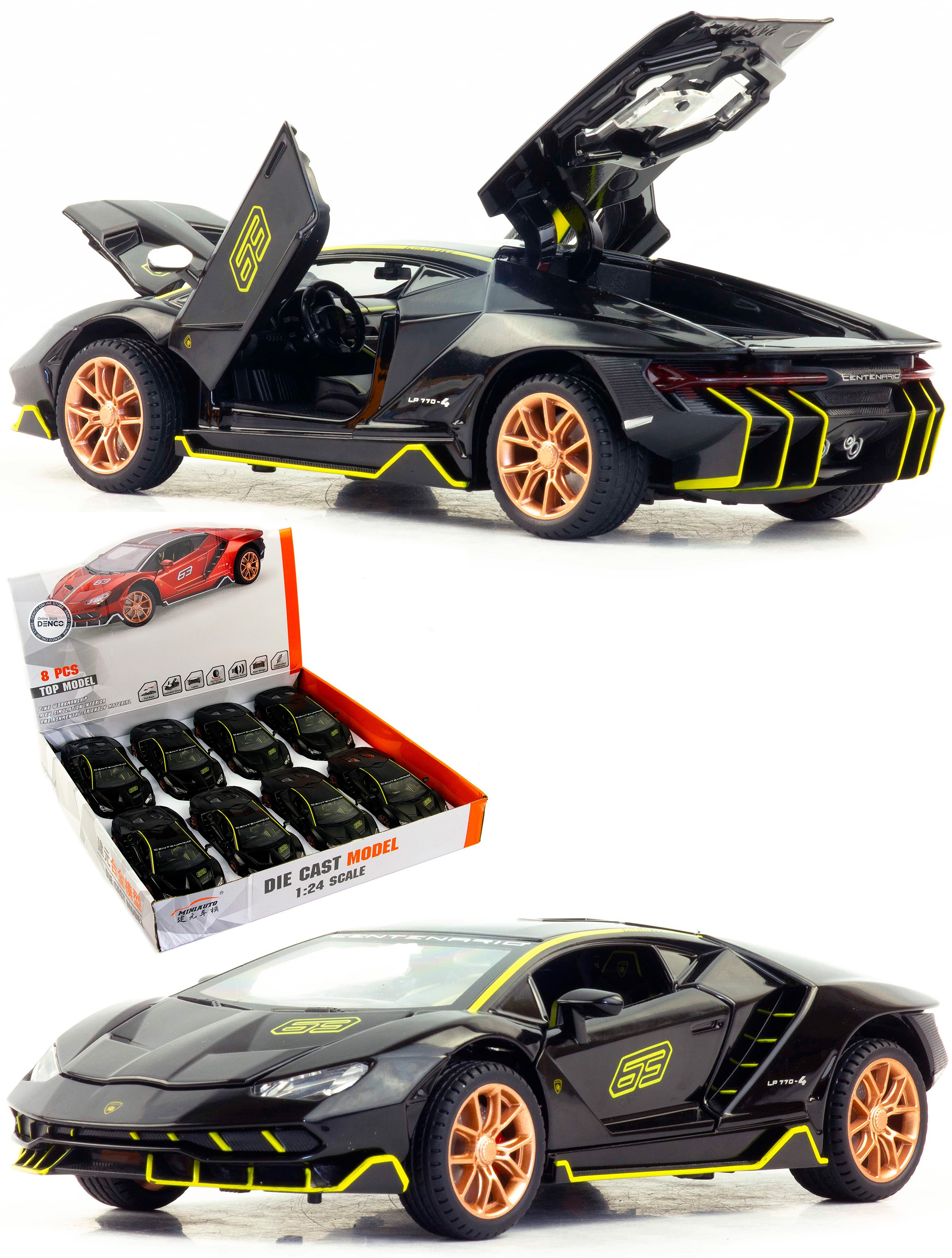 Металлическая машинка Mini Auto 1:24 «Lamborghini Centenario LP770-4» DC24262, 21 см., инерционная, свет, звук / Черный глянцевый