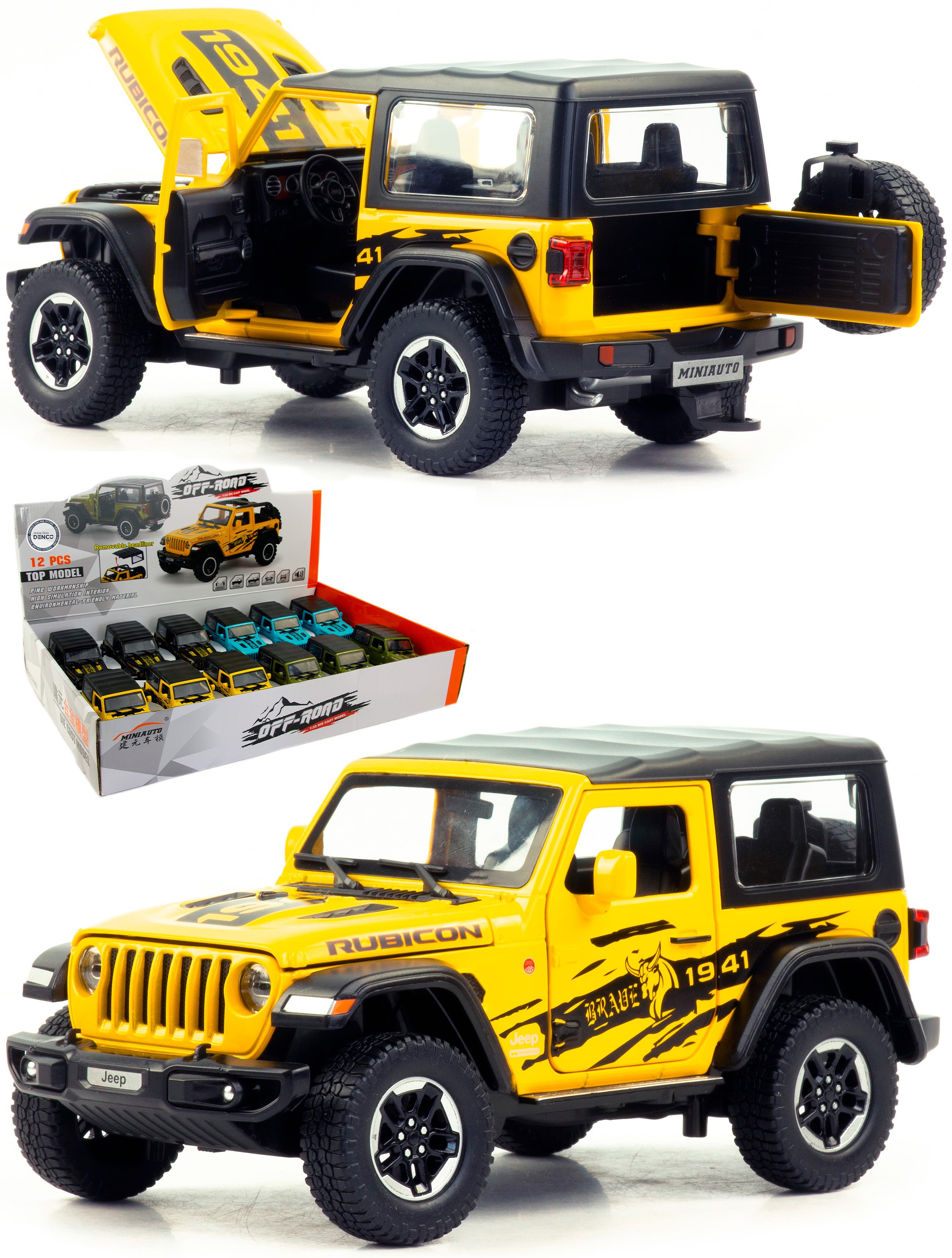 Металлическая машинка Mini Auto 1:32 «Jeep Wrangler Rubicon» DC32362, 16 см. инерционная, свет, звук / Желтый