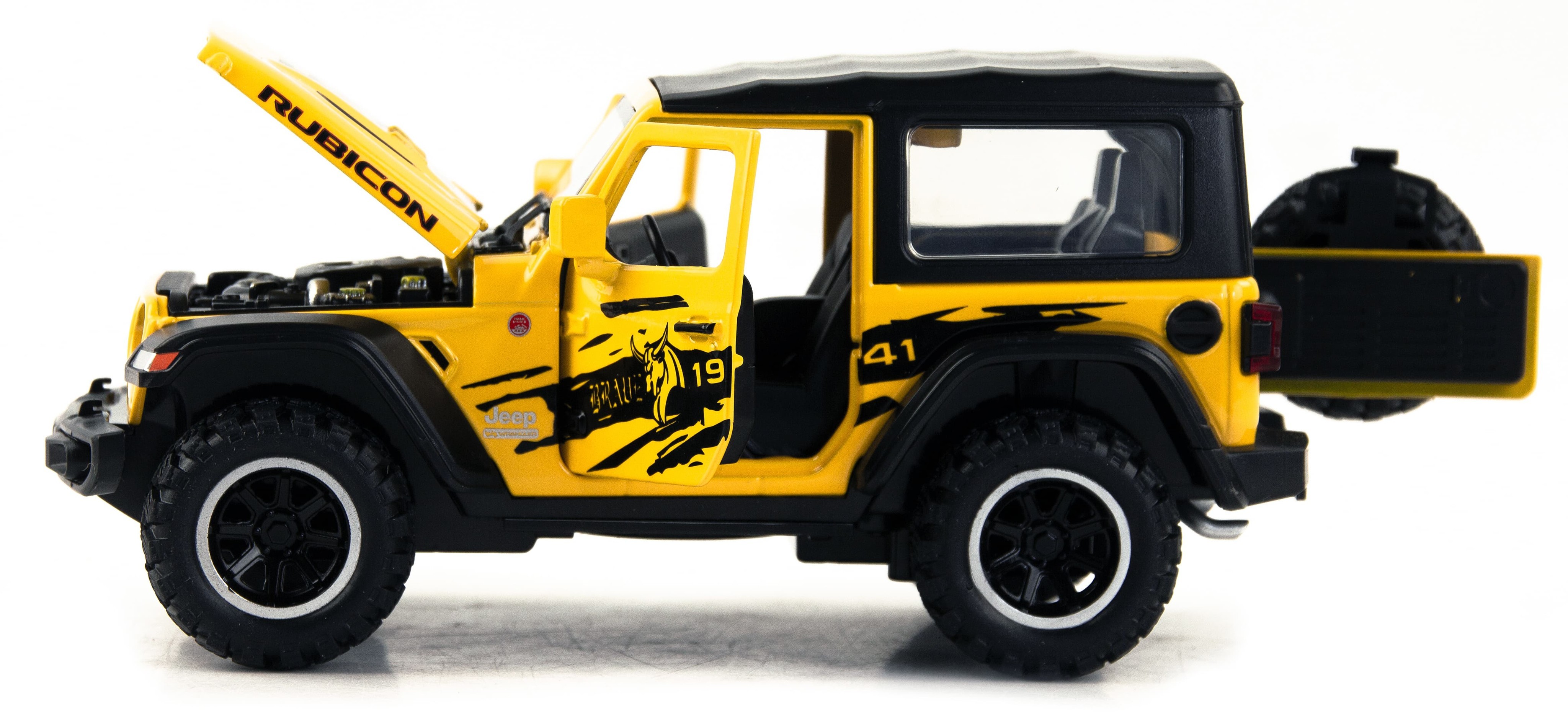 Металлическая машинка Mini Auto 1:32 «Jeep Wrangler Rubicon» DC32362, 16 см. инерционная, свет, звук / Желтый