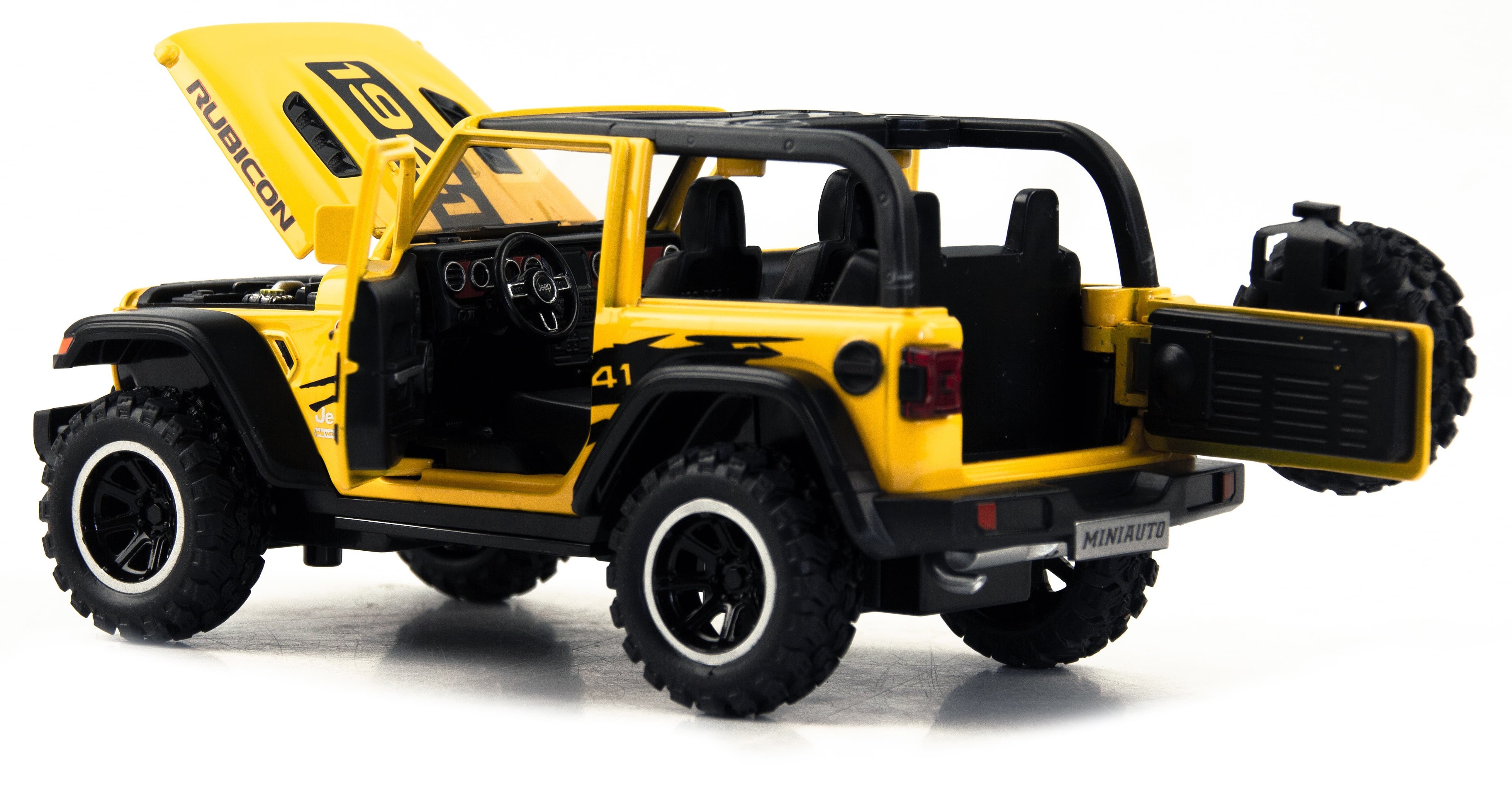 Металлическая машинка Mini Auto 1:32 «Jeep Wrangler Rubicon» DC32362, 16 см. инерционная, свет, звук / Желтый