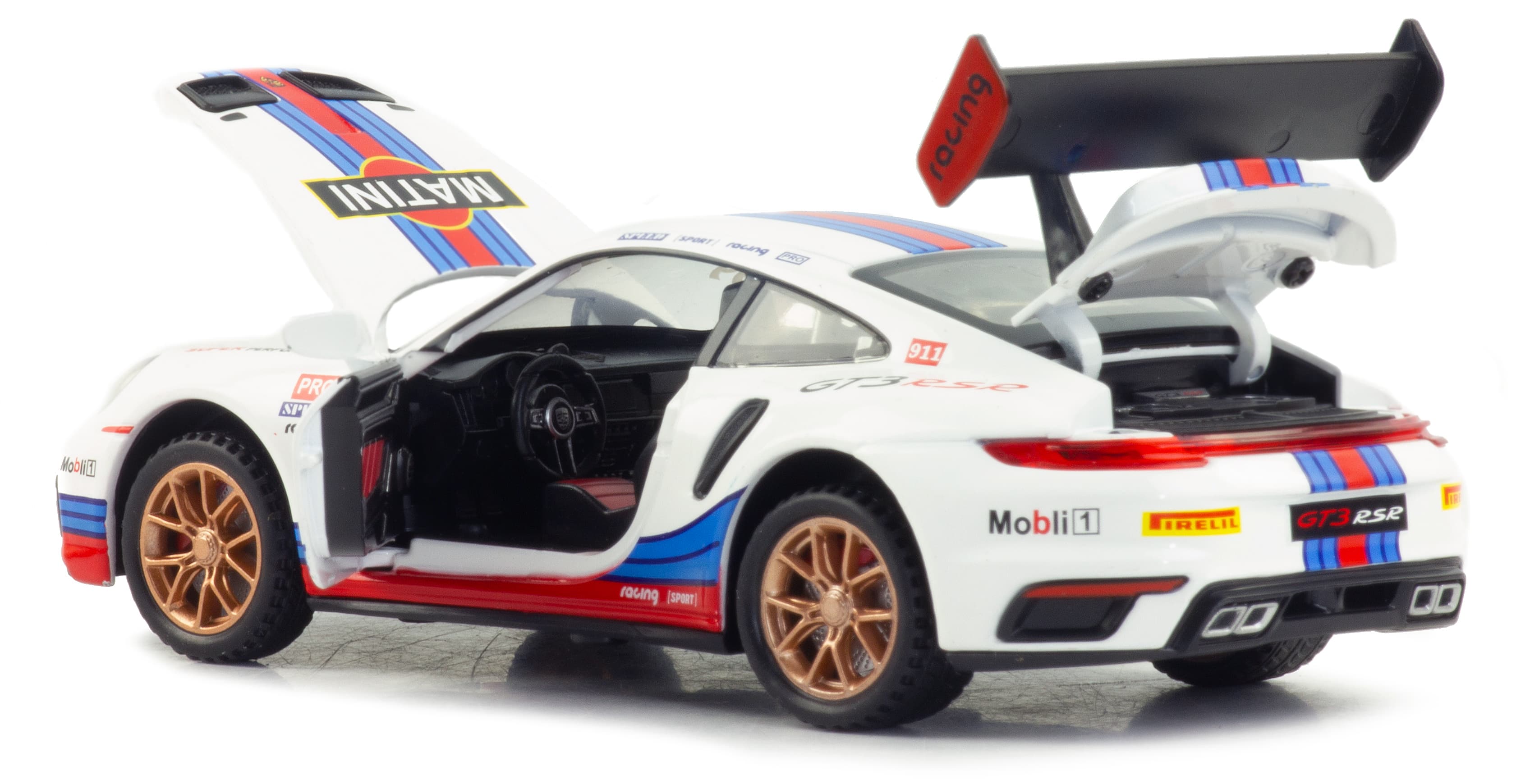 Металлическая машинка Mini Auto 1:32 «Porsche 911 GT3 RSR» 3238B, 16 см., инерционная, свет, звук / Martini