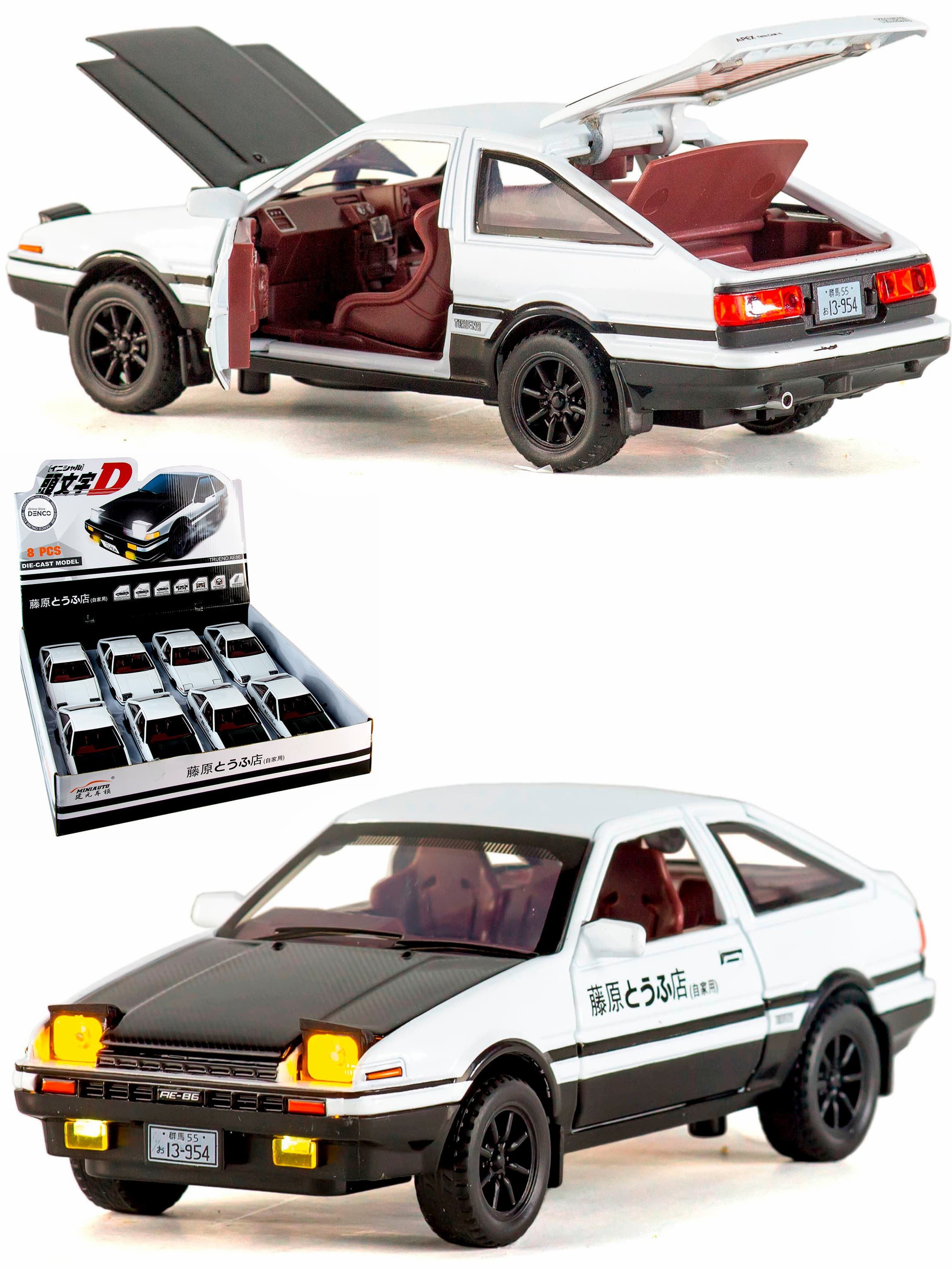 Металлическая машинка MiniAuto 1:20 «Toyota Sprinter Trueno AE86» 20 см.  2407B инерционная, свет, звук / Бело-черный