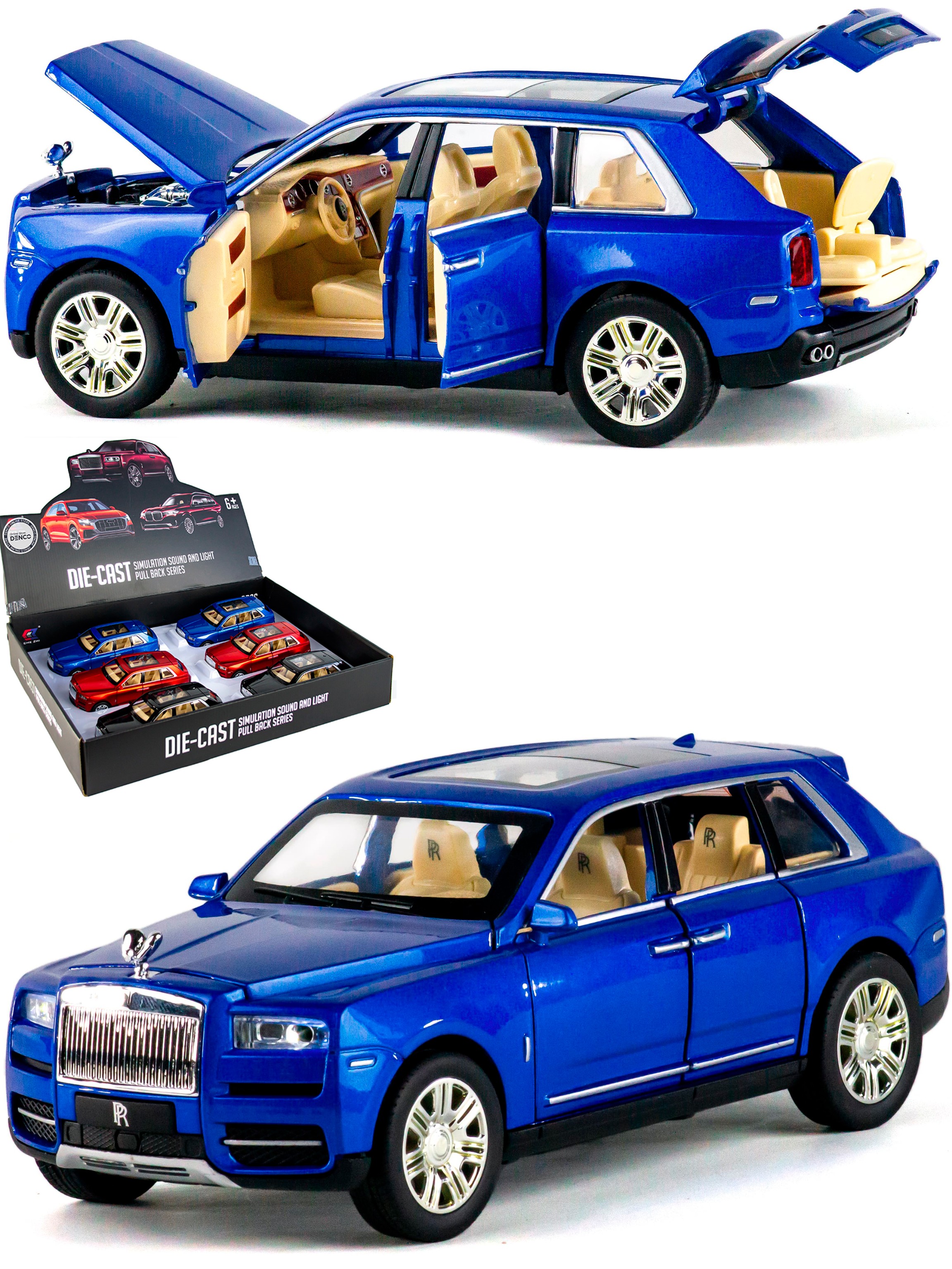 Металлическая машинка Che Zhi 1:24 «Rolls-Royce Cullinan» CZ113A, 20 см., инерционная, свет, звук / Синий