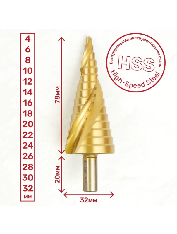 Сверло Skrab 30187 ступенчатое по металлу 4-32 мм., спиральное, 15 ступеней, TiN