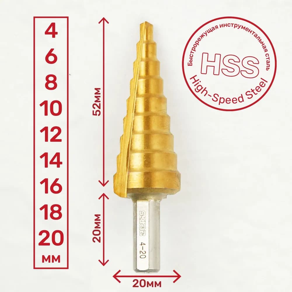 Сверло Skrab 30161 ступенчатое по металлу 4-20 мм., 9 ступеней, TiN