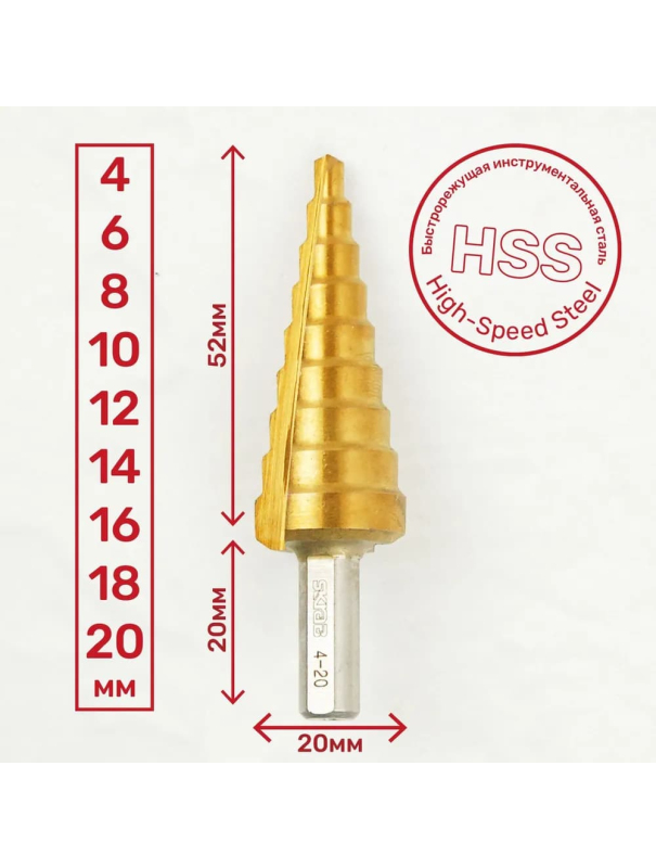 Сверло Skrab 30161 ступенчатое по металлу 4-20 мм., 9 ступеней, TiN
