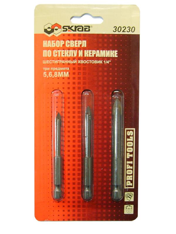 Сверла по стеклу набор 3пр., шестигран.хвостовик