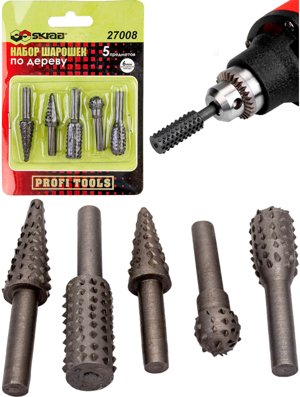 Набор шарошек по дереву Skrab 27008 цилиндрический хвостовик - 6 мм. / 5 предметов