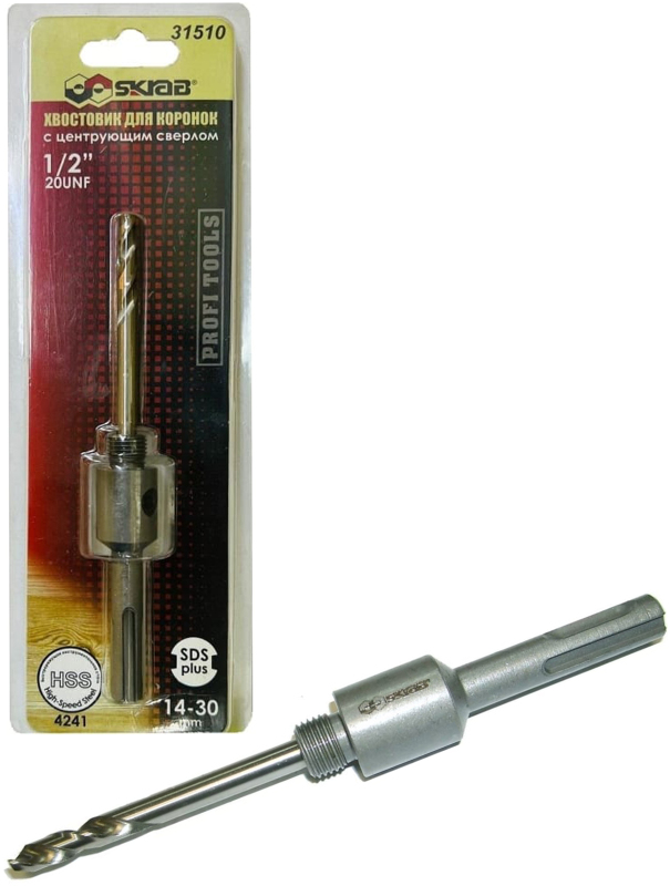Хвостовик для коронок Skrab 31510 с центрующим сверлом 1/2', 14-30 мм. SDS+