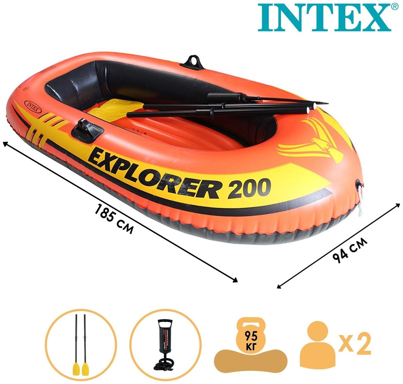 Лодка Explorer 200, 2 местная, 185 х 94 х 41 см, от 6 лет, до 95 кг, вёсла, насос, 58331NP INTEX