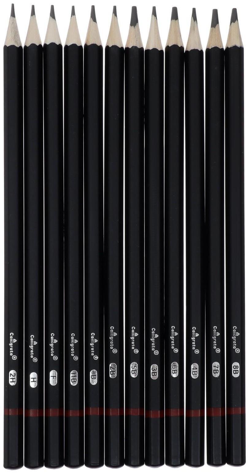Набор карандашей чернографитных, 12 штук, твёрдость 2Н - 8В, гранённые, заточенные, в картонной коробке