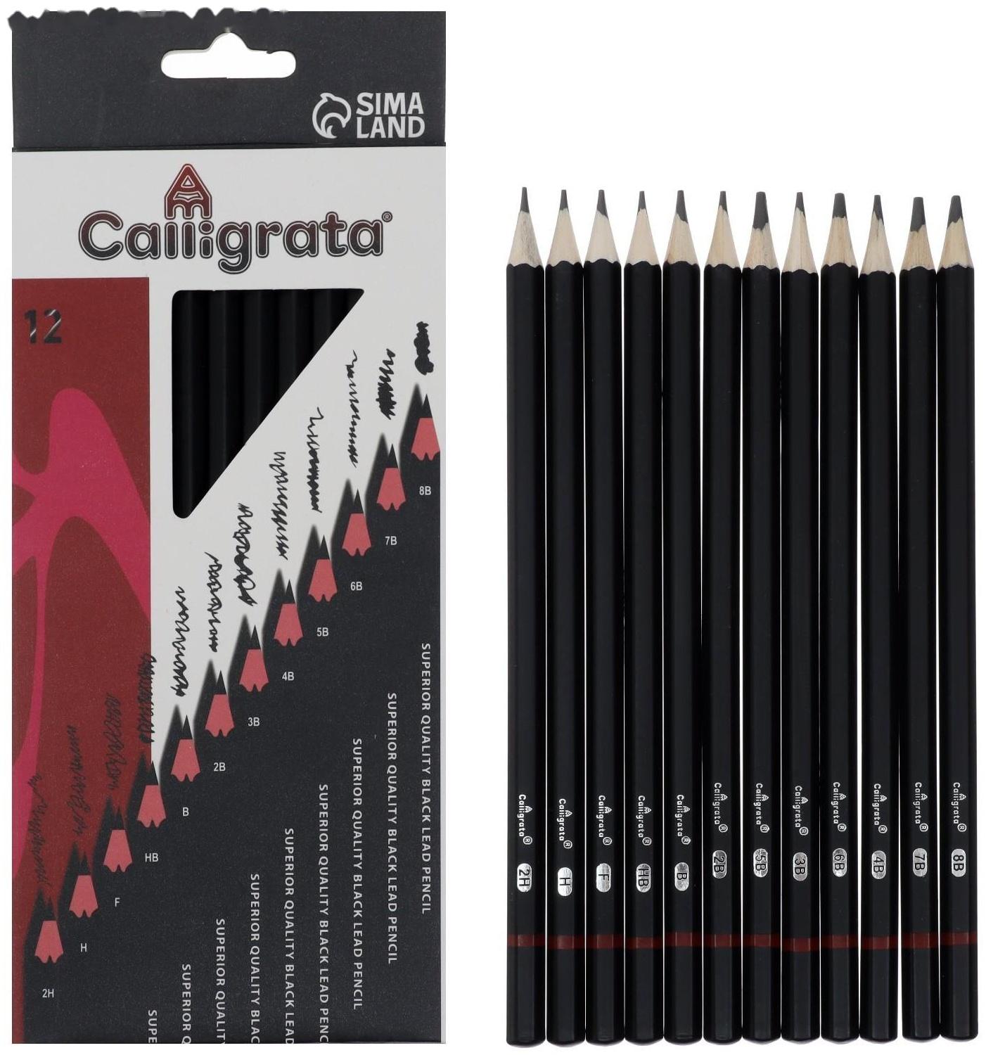 Набор карандашей чернографитных, 12 штук, твёрдость 2Н - 8В, гранённые, заточенные, в картонной коробке