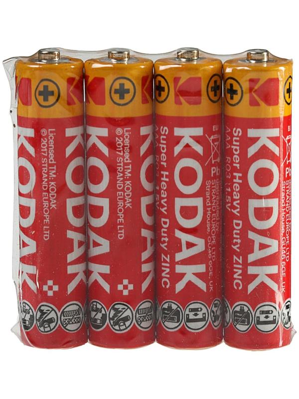 Батарейка солевая Kodak Extra Heavy Duty, AAA, R03-4S, 1.5В, спайка, 4 шт.
