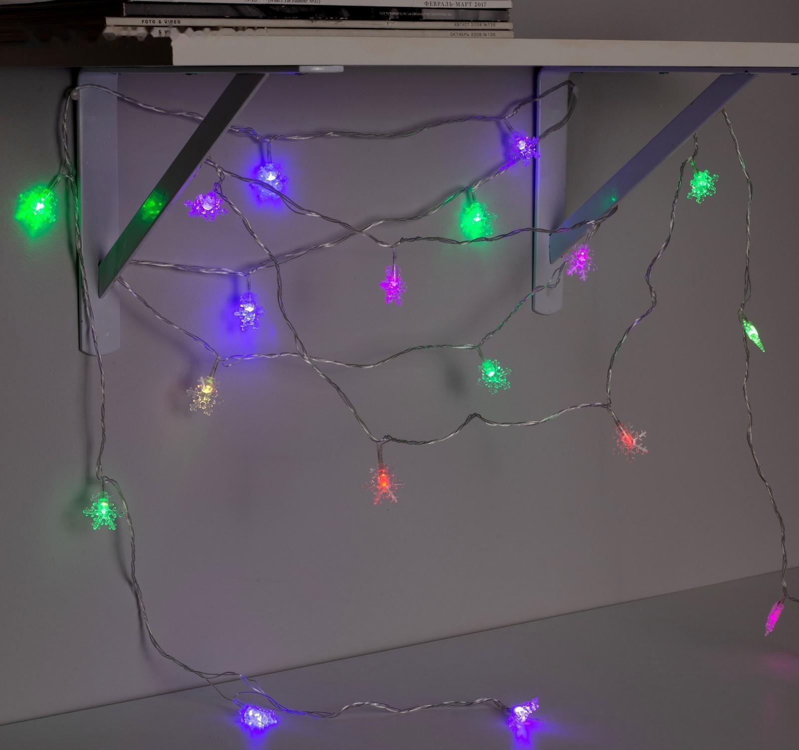 Гирлянда «Нить» 5 м с насадками «Снежинки малые», IP20, прозрачная нить, 20 LED, свечение мульти (RG/RB), мигание, 220 В