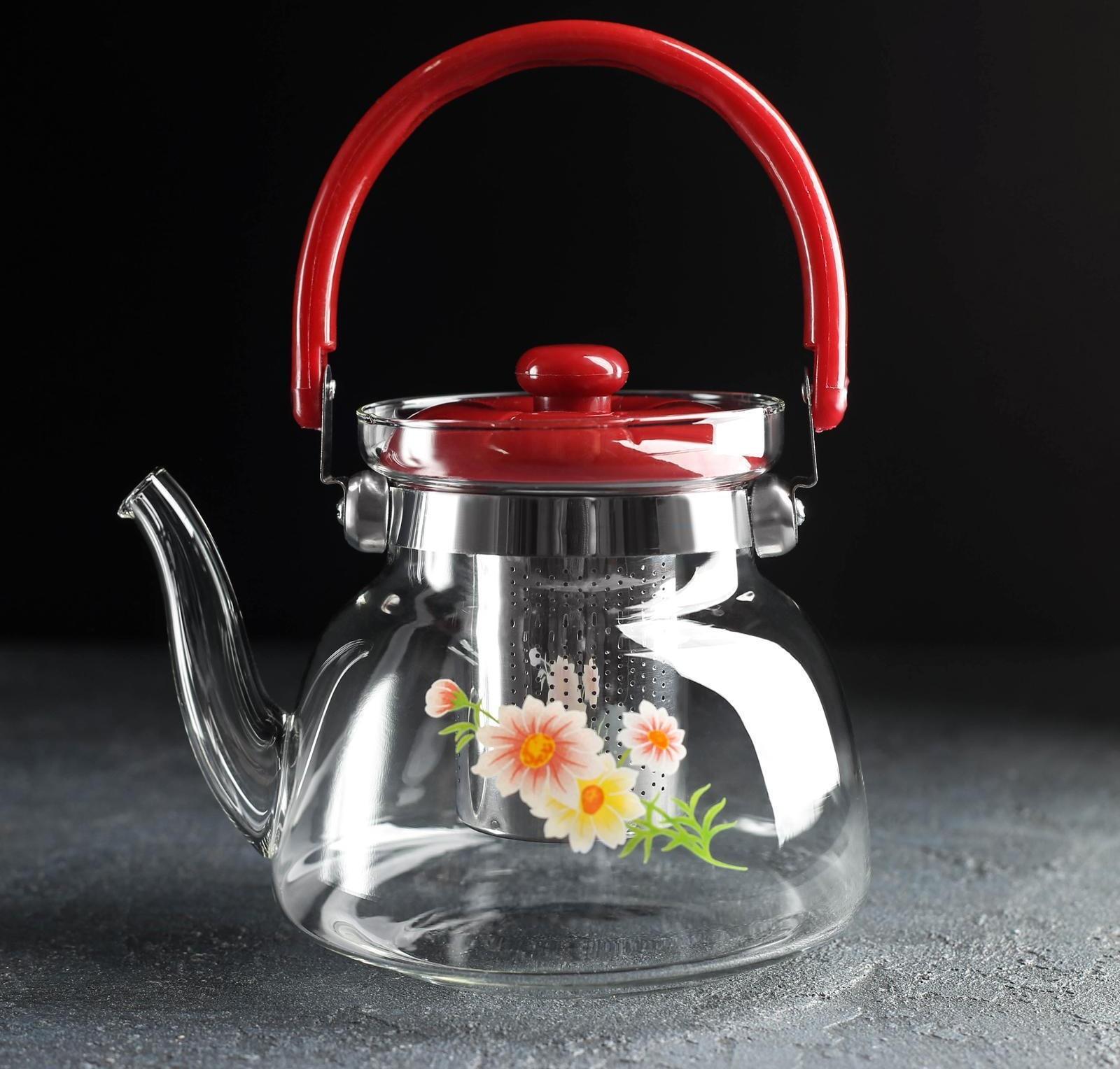 Чайник стеклянный заварочный «Цветочная фантазия», 1 л, металлическое сито