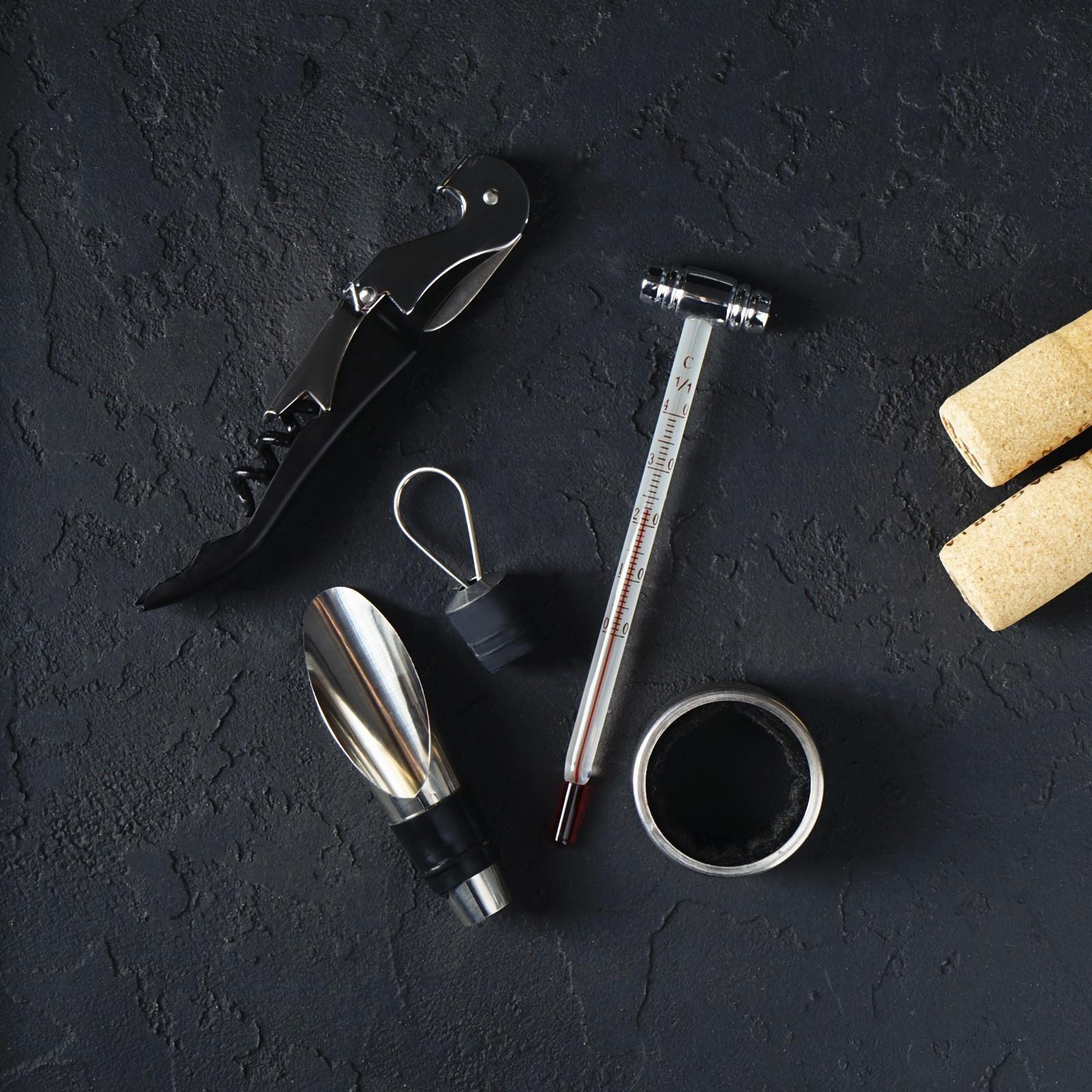 Набор для вина «Бургундия», 4 предмета: каплеуловитель, штопор, кольцо, термометр