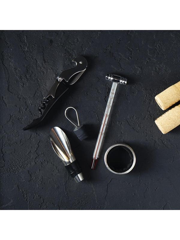 Набор для вина «Бургундия», 4 предмета: каплеуловитель, штопор, кольцо, термометр