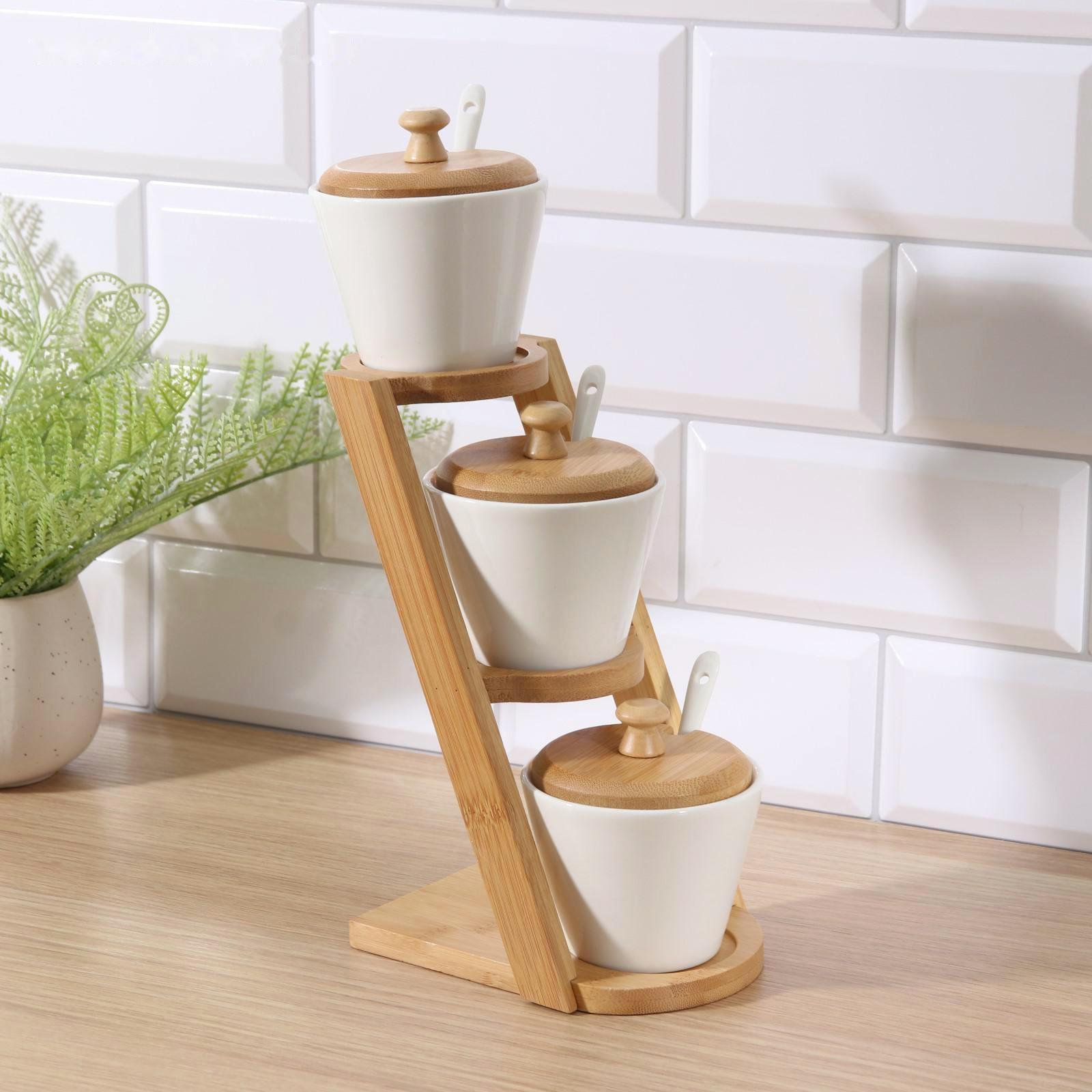 Набор банок фарфоровый для сыпучих продуктов Доляна «Эстет», 150 мл, с ложками, на подставке, 3 шт