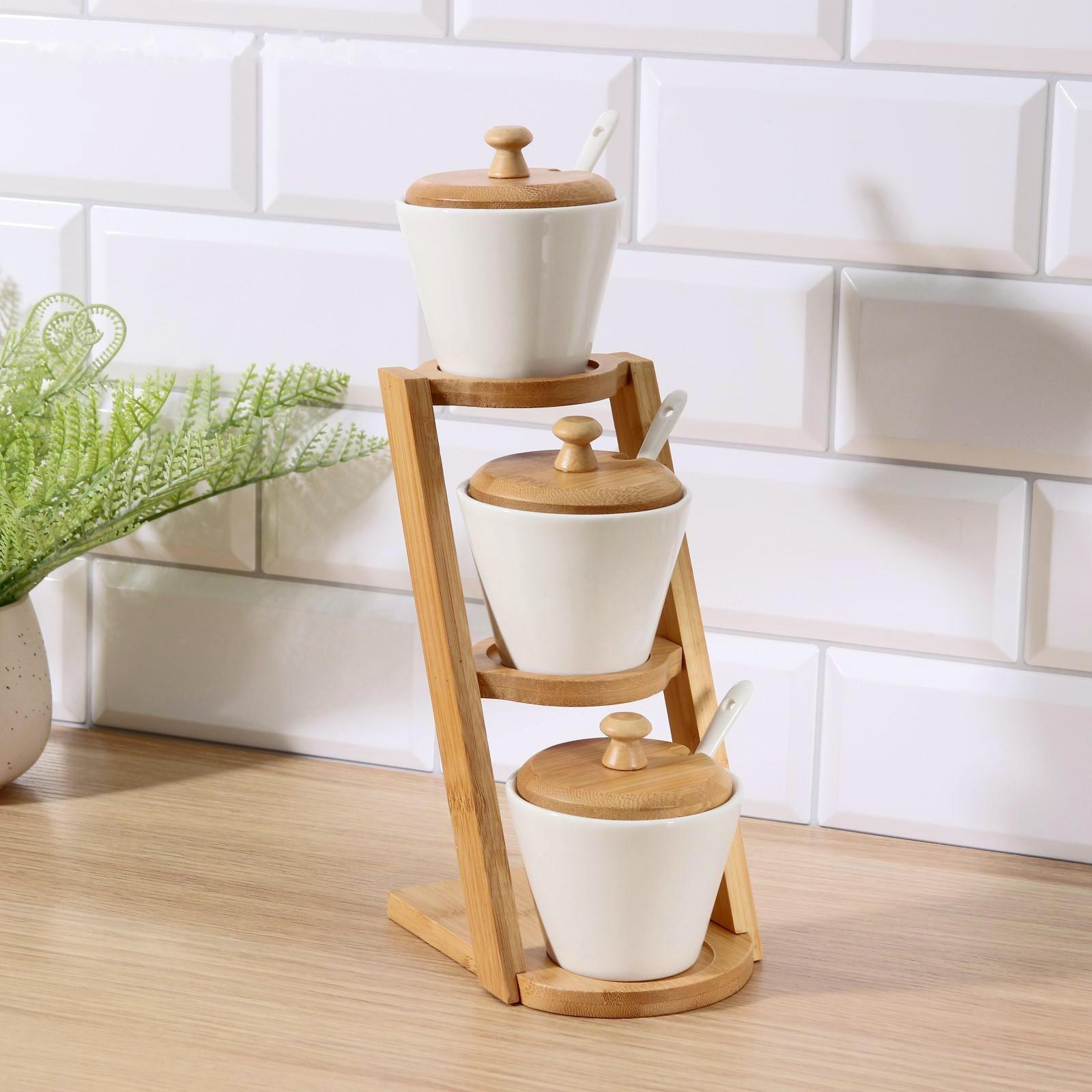 Набор банок фарфоровый для сыпучих продуктов Доляна «Эстет», 150 мл, с ложками, на подставке, 3 шт