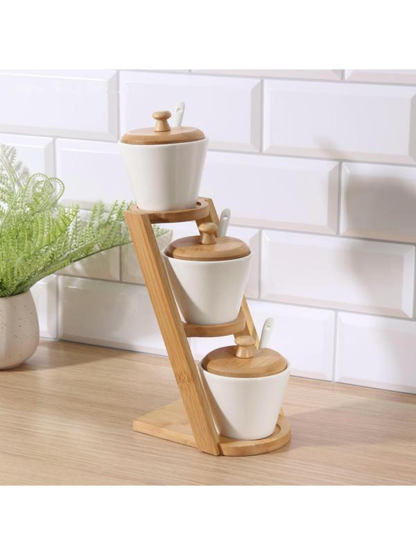 Набор банок фарфоровый для сыпучих продуктов Доляна «Эстет», 150 мл, с ложками, на подставке, 3 шт