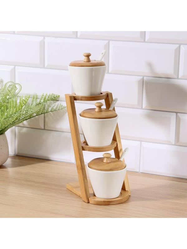 Набор банок фарфоровый для сыпучих продуктов Доляна «Эстет», 150 мл, с ложками, на подставке, 3 шт