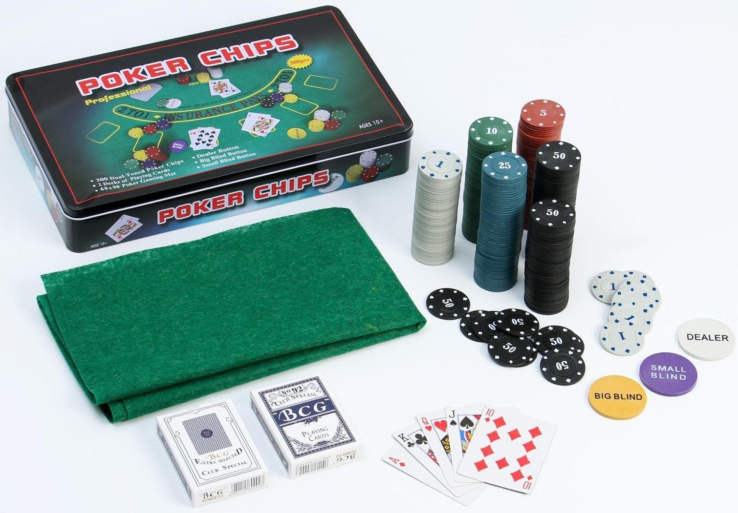 Покер, набор для игры (карты 2 колоды, фишки 300 шт.), с номиналом, 60 х 90 см