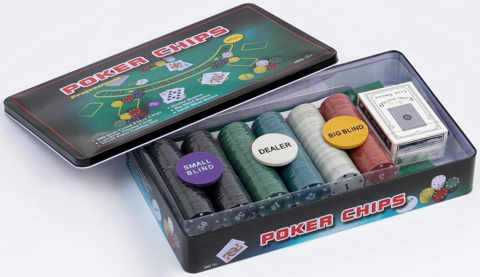 Покер, набор для игры (карты 2 колоды, фишки 300 шт.), с номиналом, 60 х 90 см