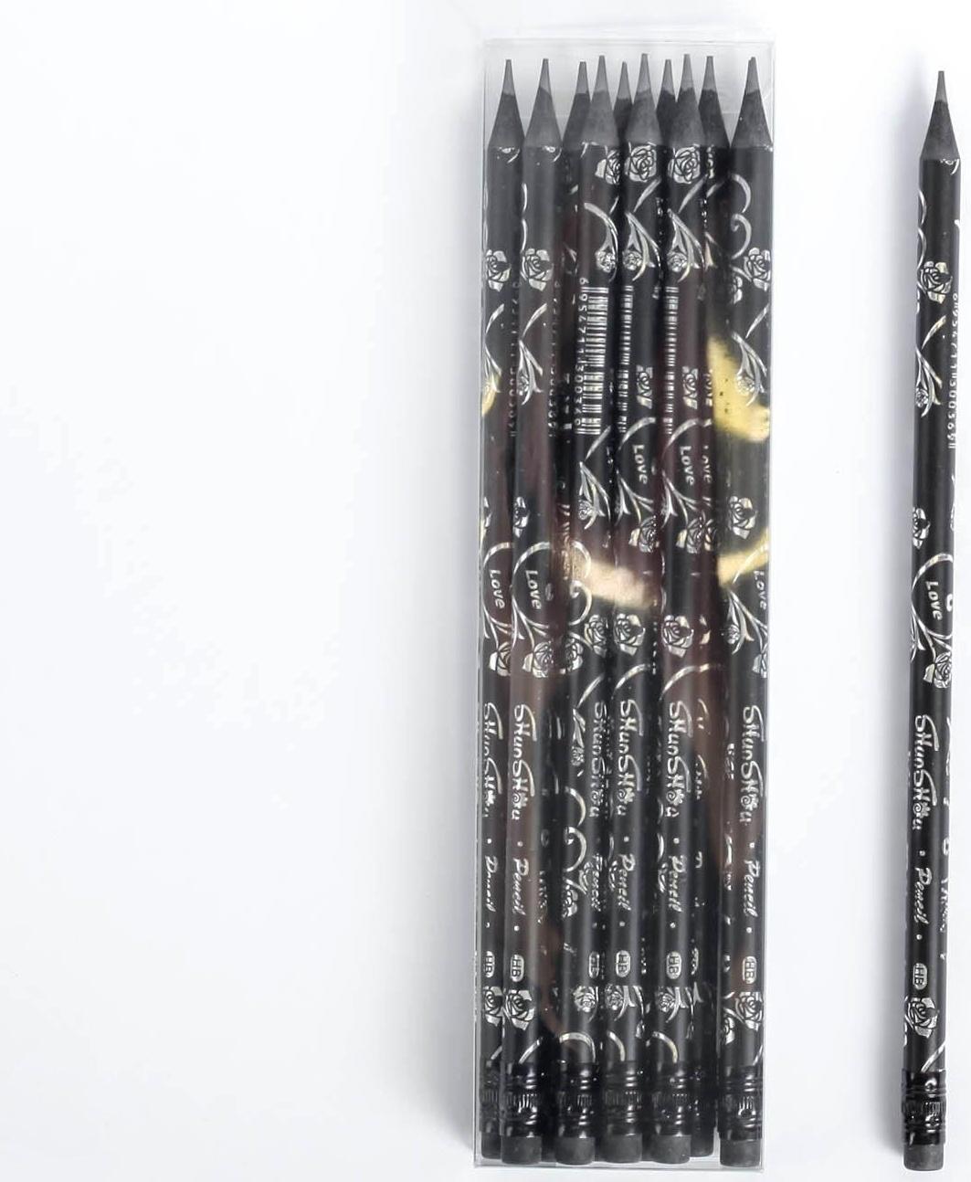 Карандаш чернографитный, с ластиком, твёрдость НВ, корпус чёрного цвета, круглый с рисунком, заточенный