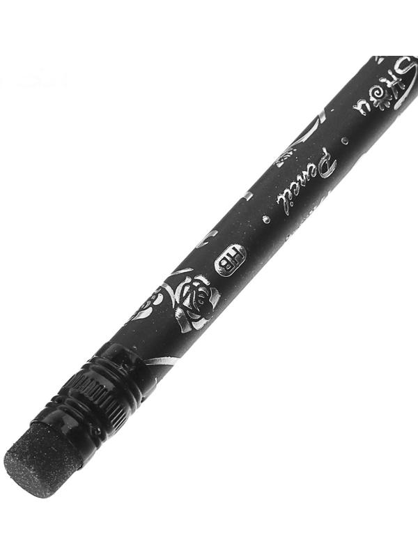 Карандаш чернографитный, с ластиком, твёрдость НВ, корпус чёрного цвета, круглый с рисунком, заточенный