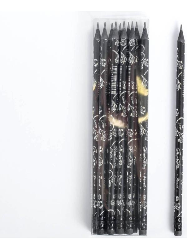 Карандаш чернографитный, с ластиком, твёрдость НВ, корпус чёрного цвета, круглый с рисунком, заточенный