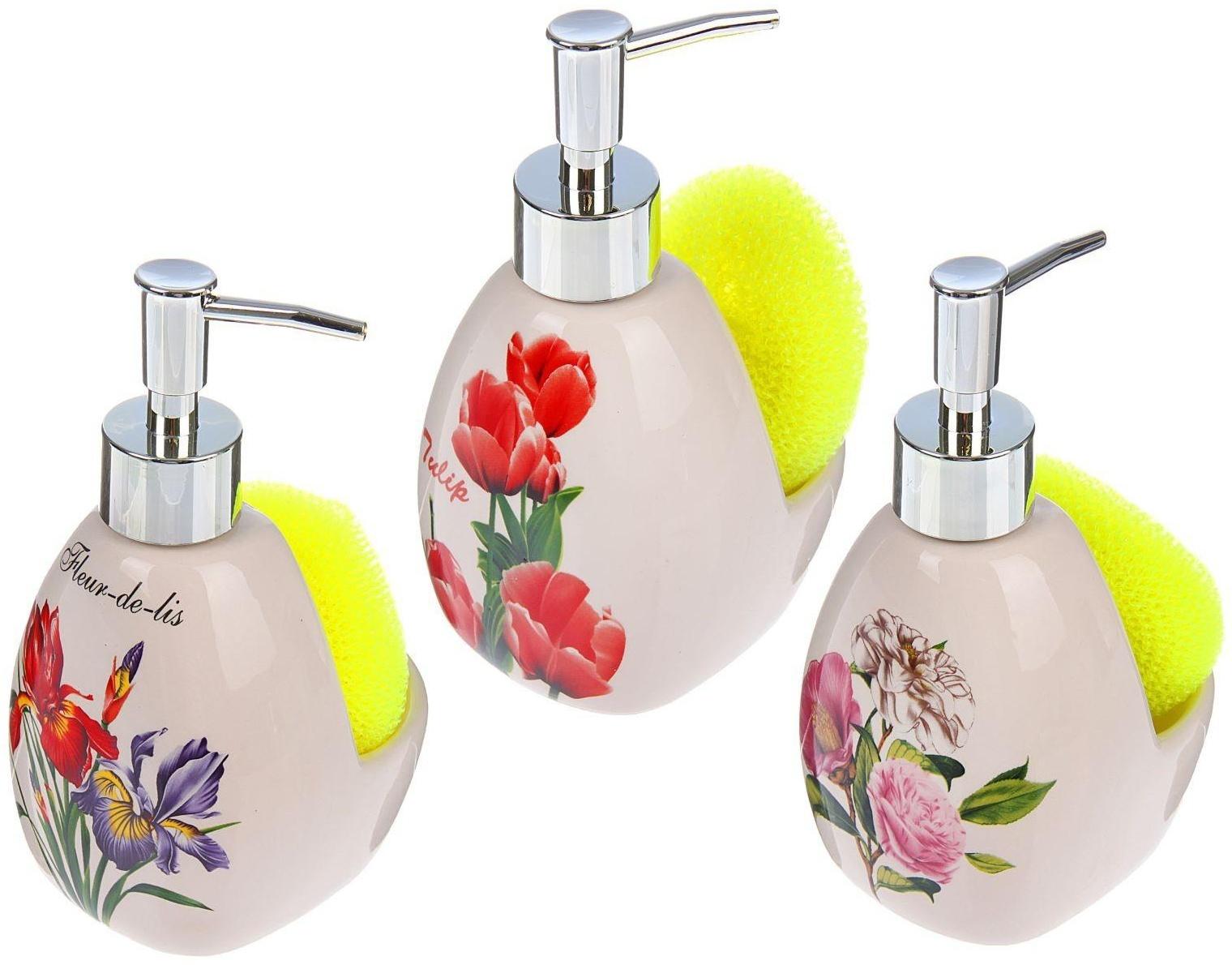 Дозатор для моющего средства с подставкой для губки 350 мл «Гербарий», МИКС