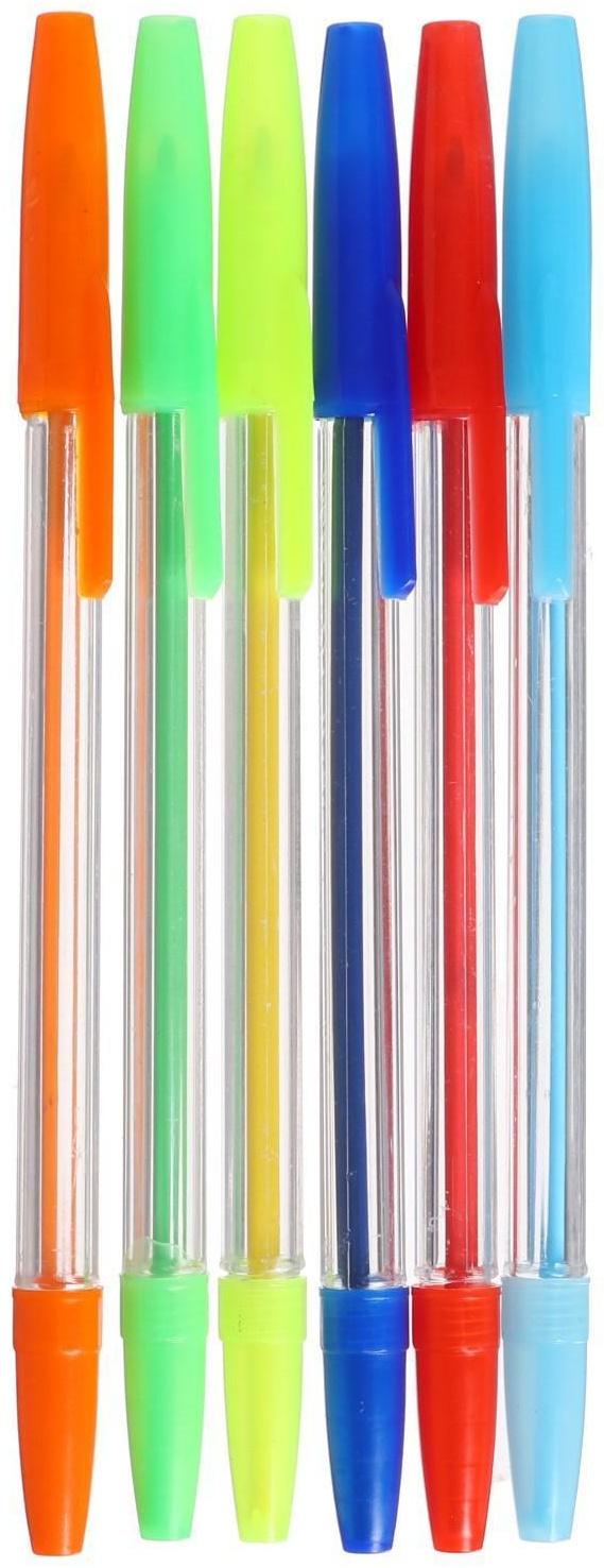 Набор ручек шариковых, 6 цветов, корпус прозрачный с цветными колпачками