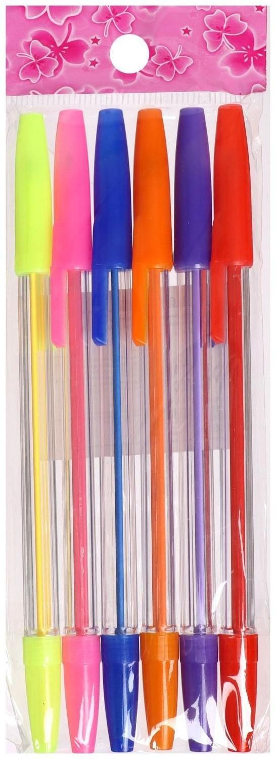 Набор ручек шариковых, 6 цветов, корпус прозрачный с цветными колпачками