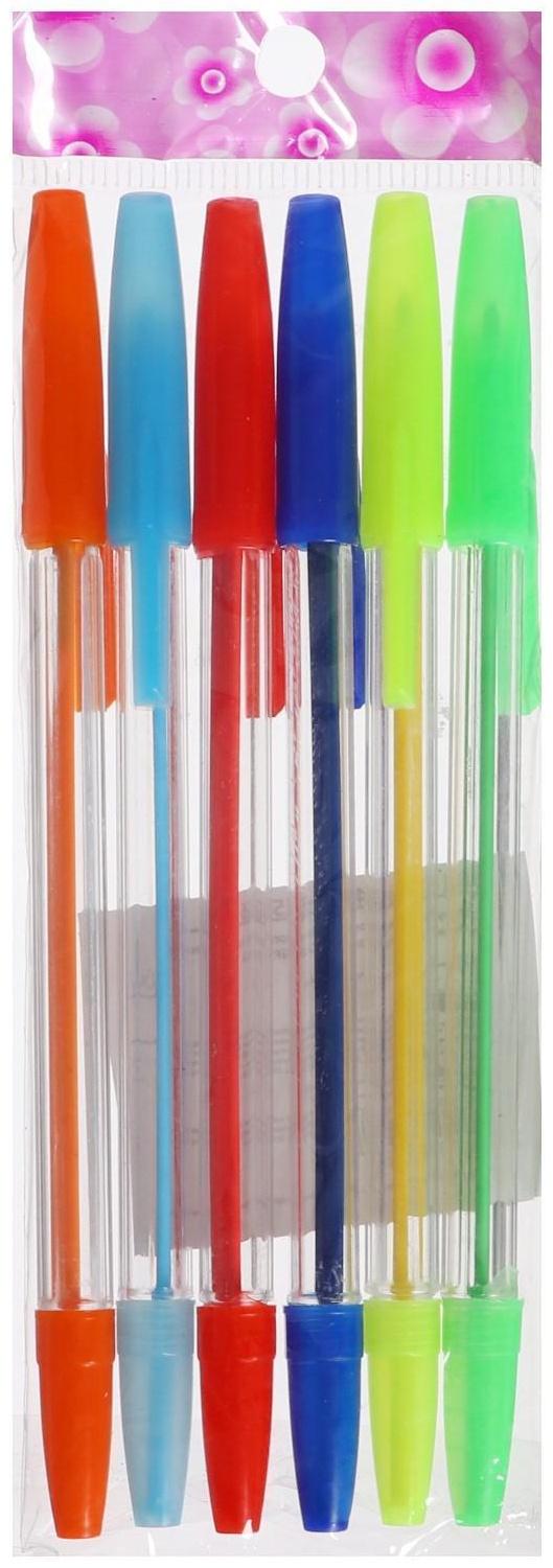 Набор ручек шариковых, 6 цветов, корпус прозрачный с цветными колпачками