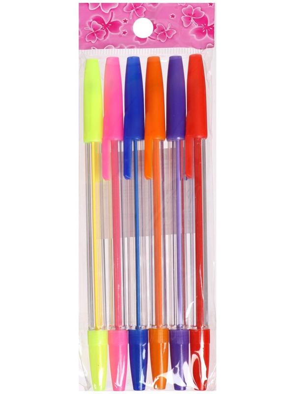 Набор ручек шариковых, 6 цветов, корпус прозрачный с цветными колпачками