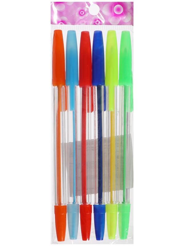 Набор ручек шариковых, 6 цветов, корпус прозрачный с цветными колпачками