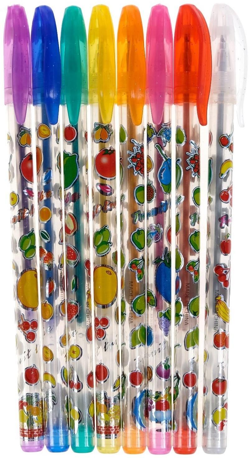 Набор гелевых ручек, 8 цветов, корпус с рисунком, металлик, в блистере на кнопке