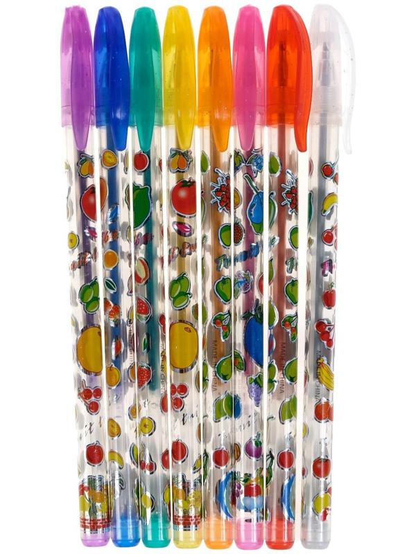 Набор гелевых ручек, 8 цветов, корпус с рисунком, металлик, в блистере на кнопке