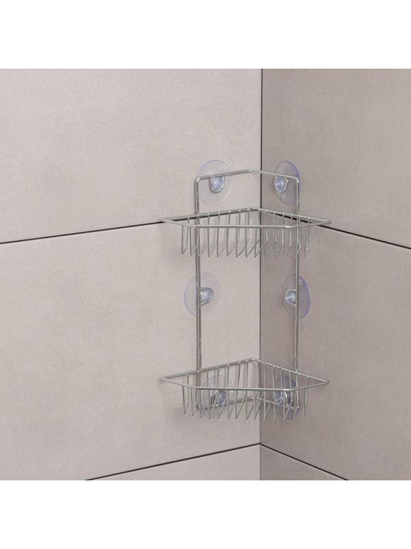 Полка угловая 2-х ярусная Доляна, 6 присосок, 29×15×20 см